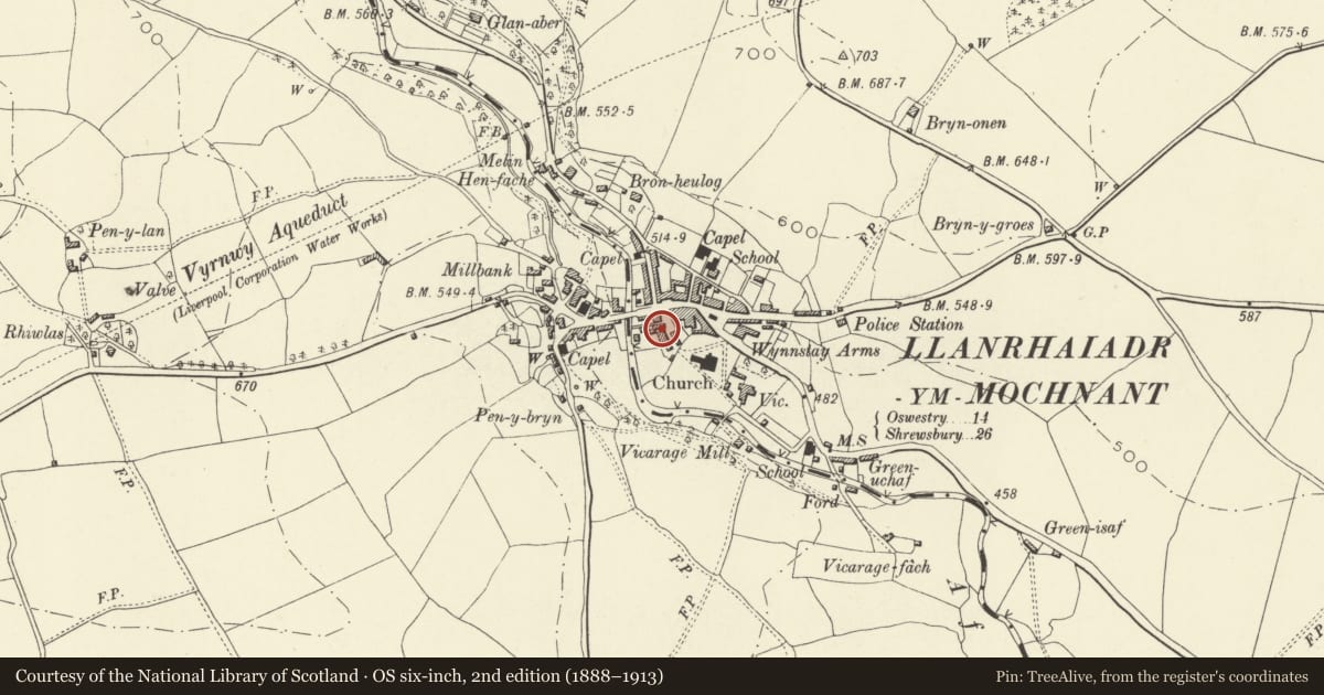 Ordnance Survey six-inch map, 2nd edition (1888–1913) covering the location of Minafon, Llanrhaeadr-ym-Mochnant, Powys, with a pin at the register's coordinates