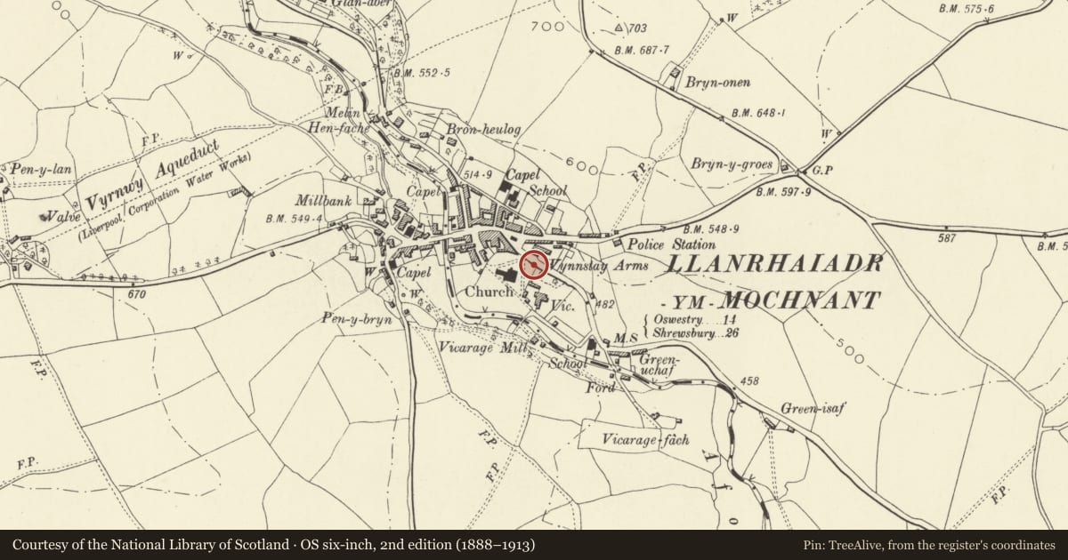 Ordnance Survey six-inch map, 2nd edition (1888–1913) covering the location of Parish War Memorial at St Dogfan's Church with surrounding railed enclosure, Llanrhaeadr-ym-Mochnant, Powys, with a pin at the register's coordinates