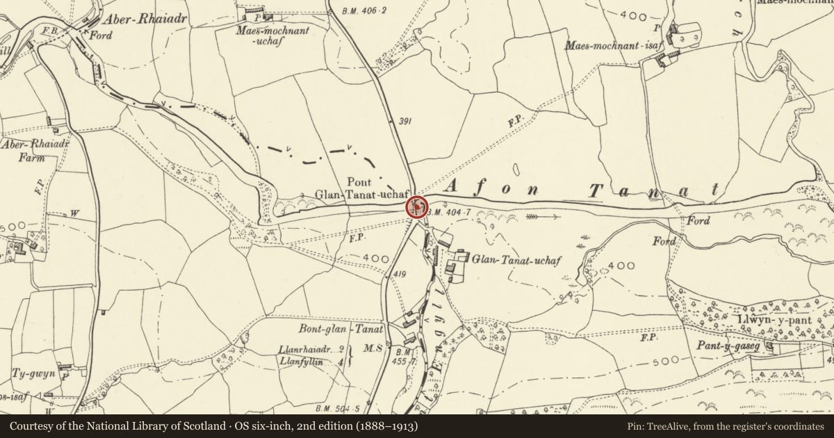 Ordnance Survey six-inch map, 2nd edition (1888–1913) covering the location of Pont Glantanat Uchaf (partly in the communities of Llanrhaeadr-ym-Mochnant (S) and Llangedwyn), Powys, with a pin at the register's coordinates