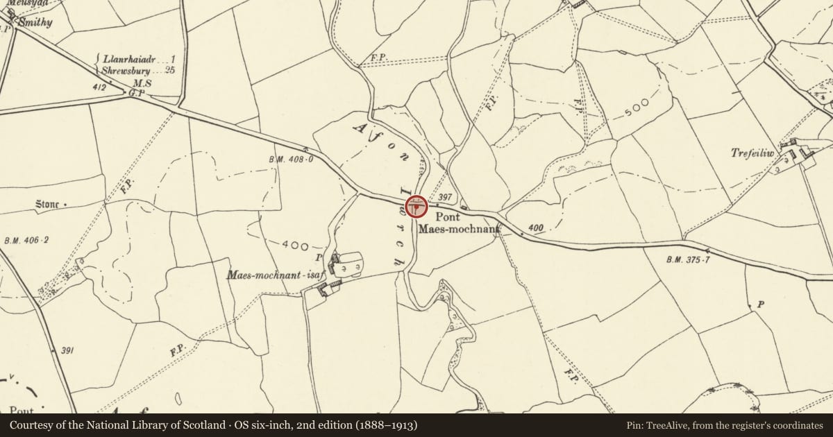 Ordnance Survey six-inch map, 2nd edition (1888–1913) covering the location of Pont Maesmochnant, Llanrhaeadr-ym-Mochnant, Powys, with a pin at the register's coordinates