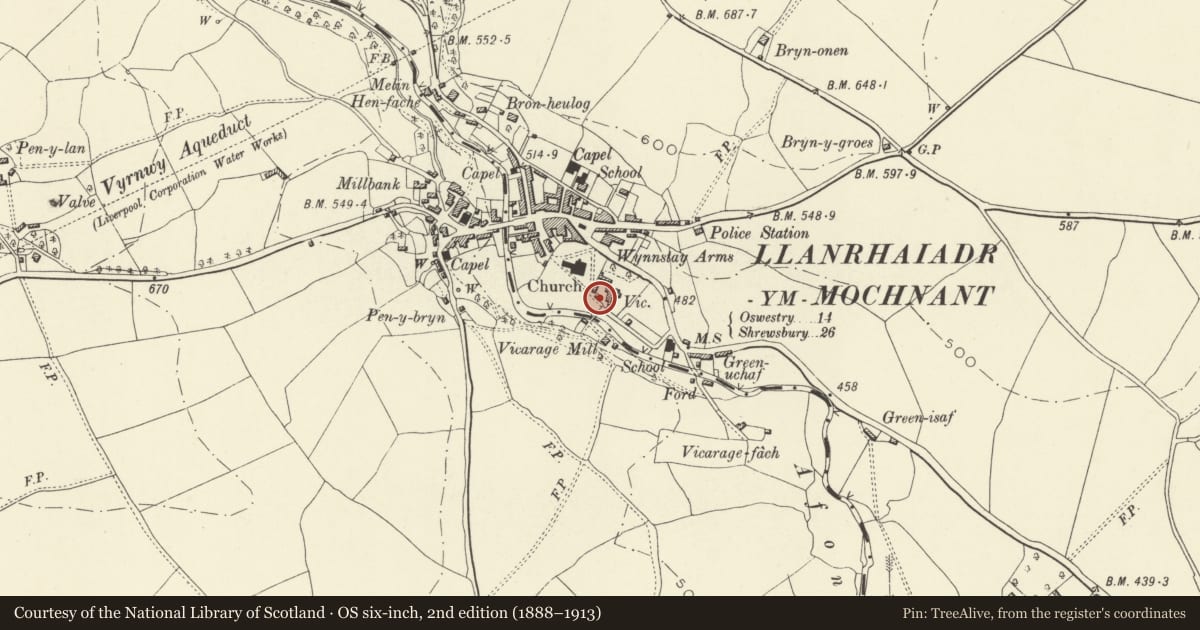Ordnance Survey six-inch map, 2nd edition (1888–1913) covering the location of Stable-yard outbuilding at Llys Morgan, Llanrhaeadr-ym-Mochnant, Powys, with a pin at the register's coordinates