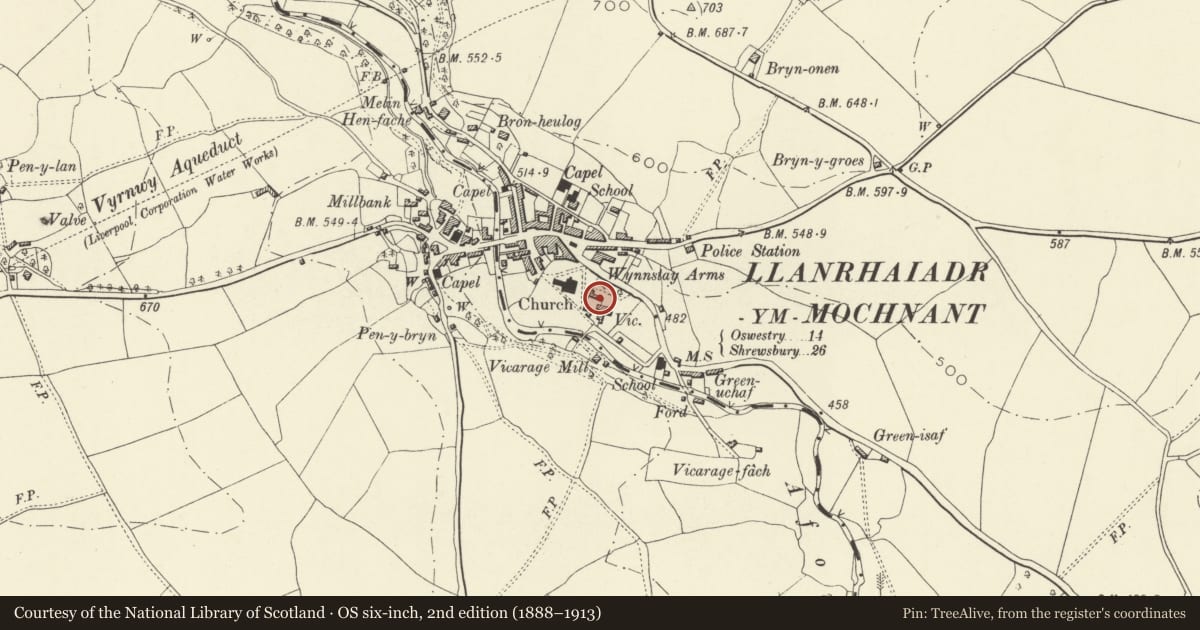 Ordnance Survey six-inch map, 2nd edition (1888–1913) covering the location of Stables at Llys Morgan (former vicarage), Llanrhaeadr-ym-Mochnant, Powys, with a pin at the register's coordinates