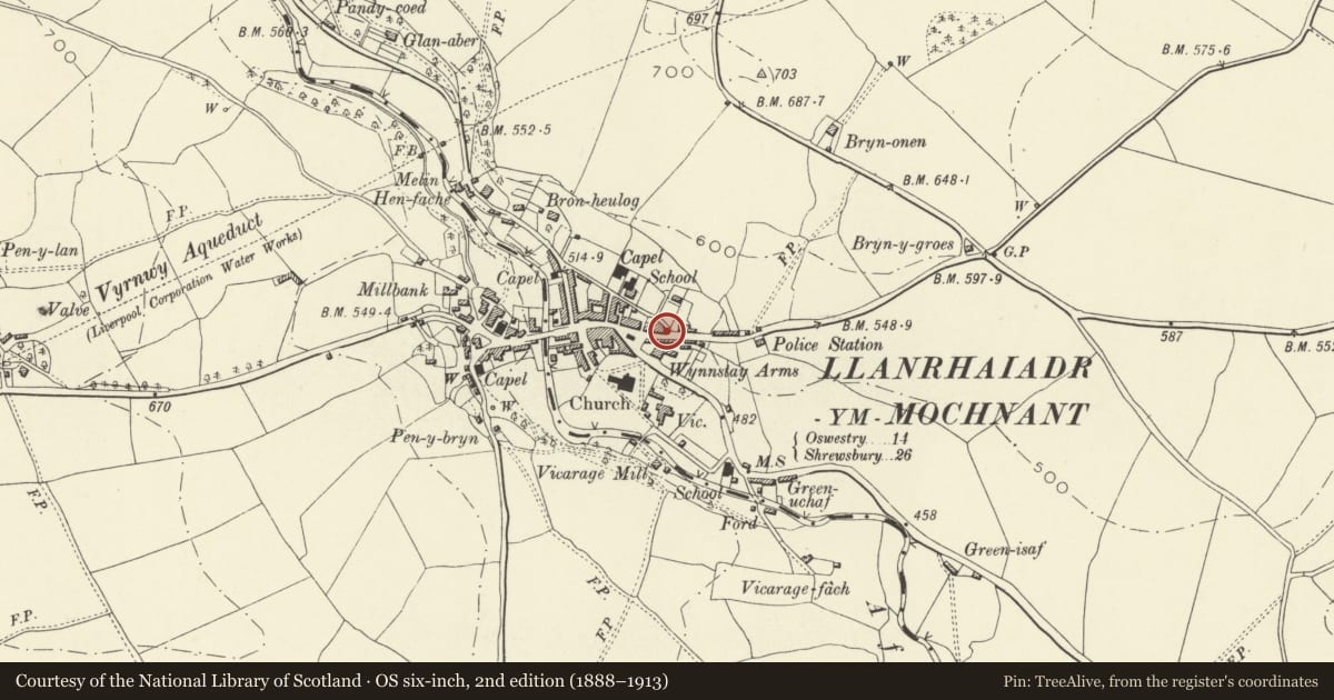 Ordnance Survey six-inch map, 2nd edition (1888–1913) covering the location of Trigfan (including building at the rear of Y Bwthyn), Llanrhaeadr-ym-Mochnant, Powys, with a pin at the register's coordinates