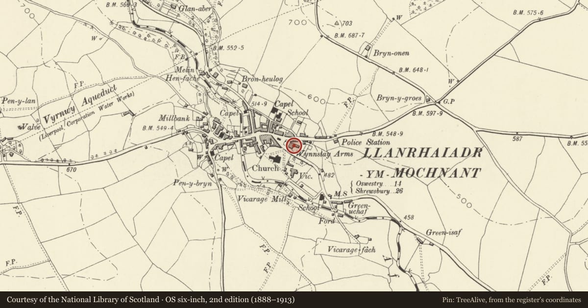 Ordnance Survey six-inch map, 2nd edition (1888–1913) covering the location of Wynnstay Arms, Llanrhaeadr-ym-Mochnant, Powys, with a pin at the register's coordinates
