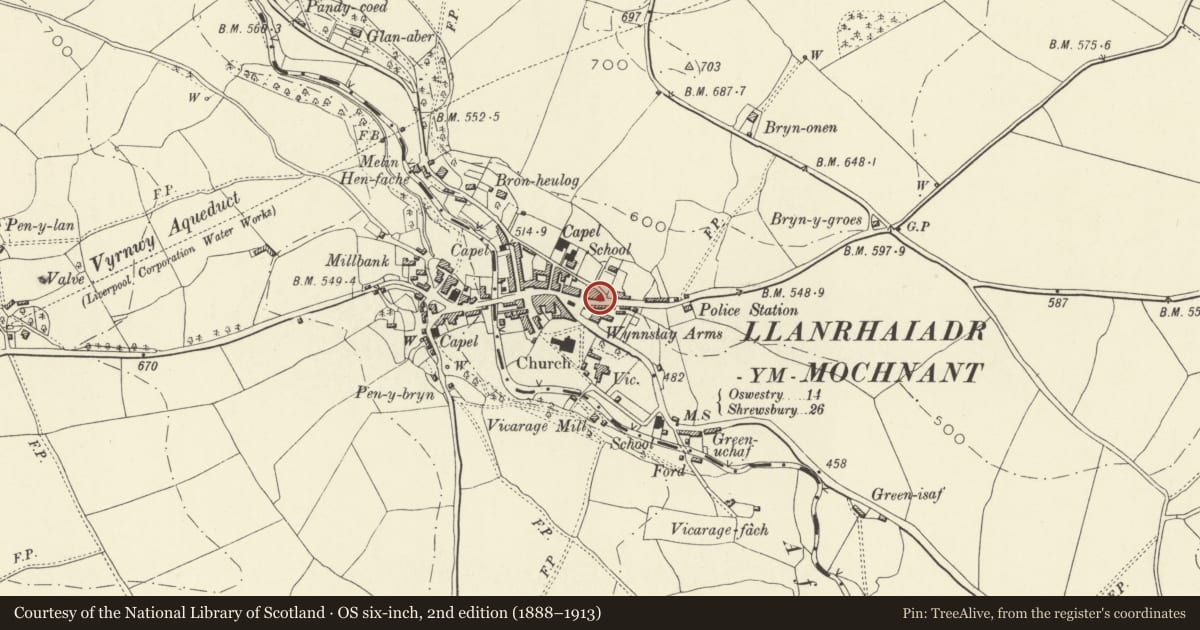 Ordnance Survey six-inch map, 2nd edition (1888–1913) covering the location of Y Bwthyn including iron railings at front, Llanrhaeadr-ym-Mochnant, Powys, with a pin at the register's coordinates