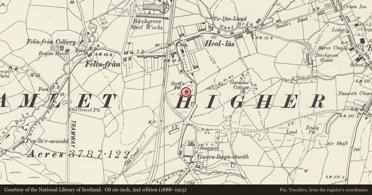 Ordnance Survey six-inch map, 2nd edition (1888–1913) covering the location of Scott's Pit Engine House, Birchgrove, Swansea, with a pin at the register's coordinates