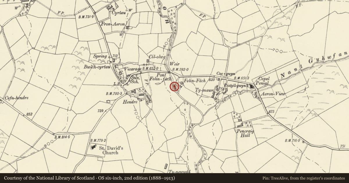 Ordnance Survey six-inch map, 2nd edition (1888–1913) covering the location of Felin Fach, Lledrod, Ceredigion, with a pin at the register's coordinates
