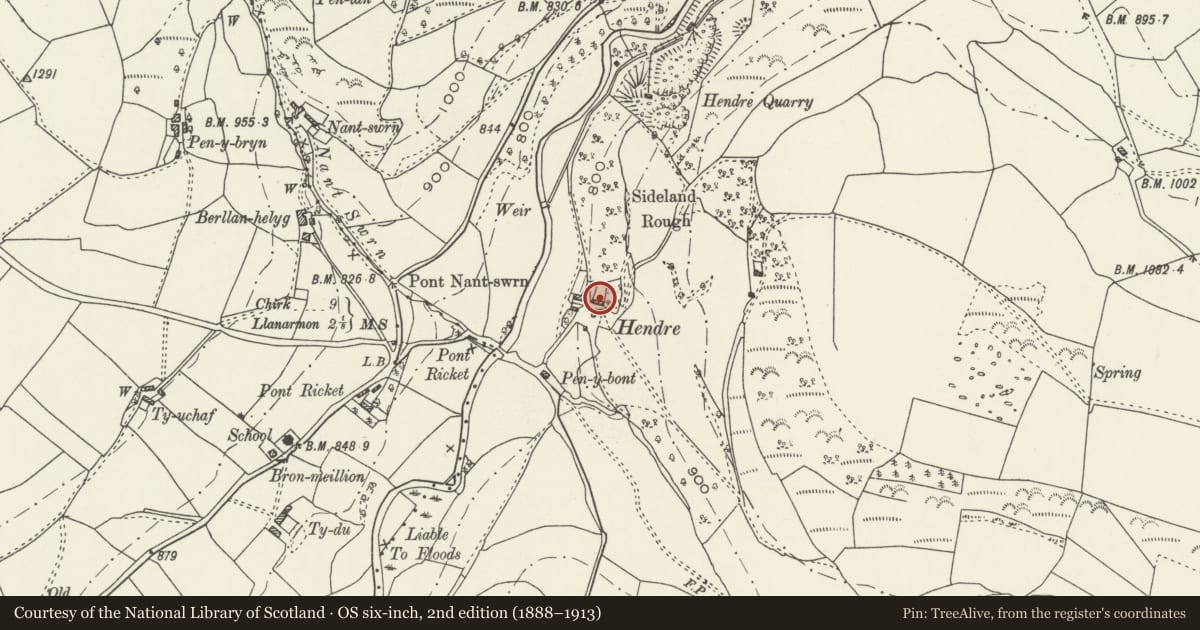 Ordnance Survey six-inch map, 2nd edition (1888–1913) covering the location of Small Barn at Hendre, Ceiriog Ucha, Wrexham, with a pin at the register's coordinates