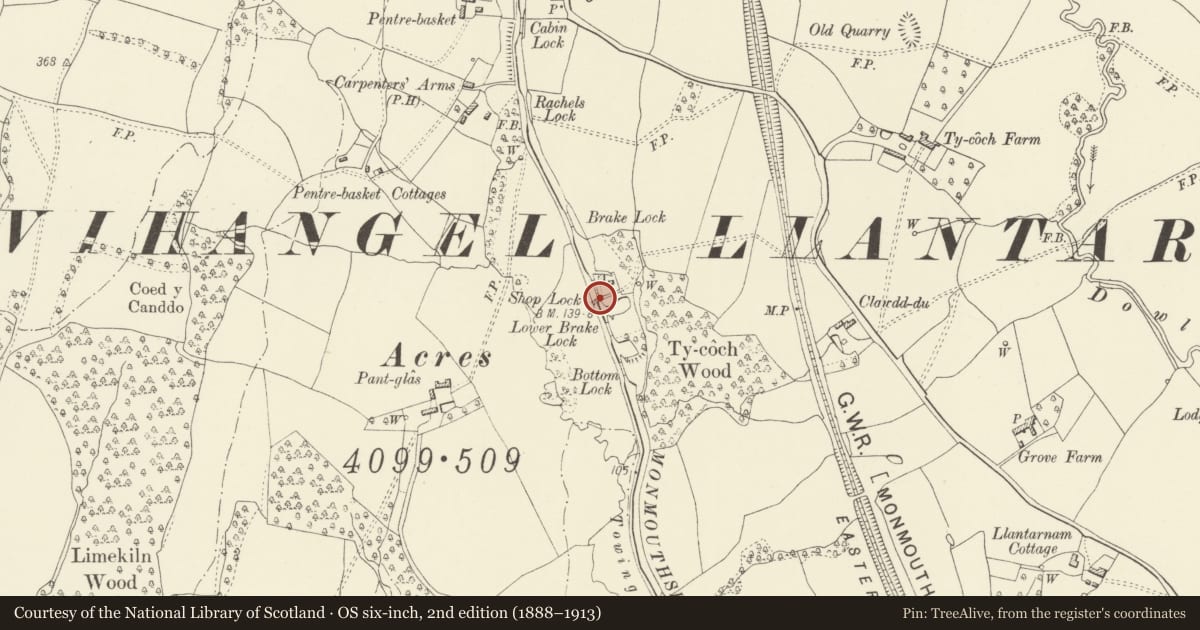 Ordnance Survey six-inch map, 2nd edition (1888–1913) covering the location of Canal bridge at Shop Lock on Monmouthshire and Brecon Canal, Llantarnam, Torfaen, with a pin at the register's coordinates