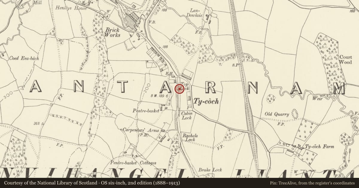 Ordnance Survey six-inch map, 2nd edition (1888–1913) covering the location of Canal bridge at Top Lock on Monmouthshire and Brecon Canal, Llantarnam, Torfaen, with a pin at the register's coordinates