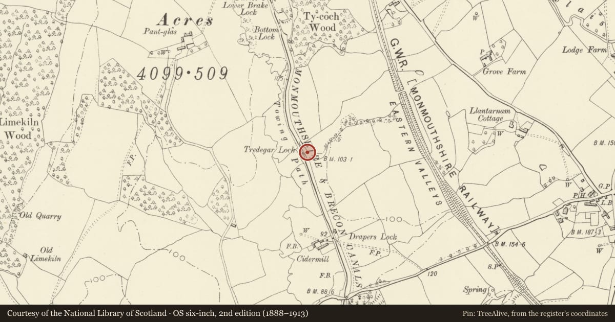 Ordnance Survey six-inch map, 2nd edition (1888–1913) covering the location of Canal bridge at Tredegar Lock on Monmouthshire and Brecon Canal, Llantarnam, Torfaen, with a pin at the register's coordinates