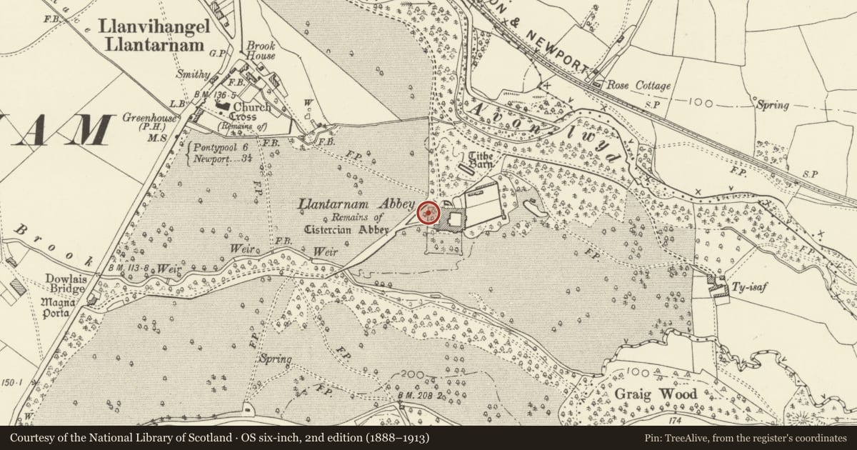 Ordnance Survey six-inch map, 2nd edition (1888–1913) covering the location of Forecourt walls and gates at Llantarnam Abbey, Torfaen, with a pin at the register's coordinates