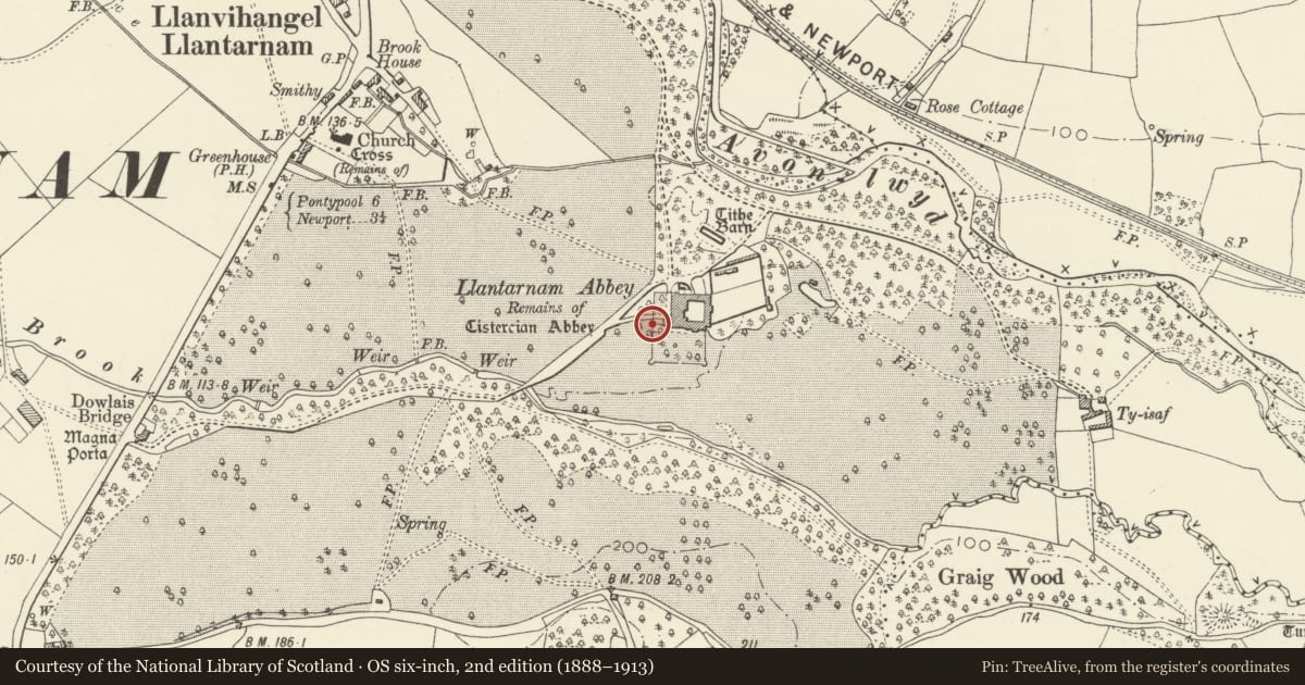 Ordnance Survey six-inch map, 2nd edition (1888–1913) covering the location of Garden walls and gates at Llantarnam Abbey, Torfaen, with a pin at the register's coordinates
