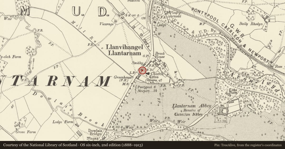 Ordnance Survey six-inch map, 2nd edition (1888–1913) covering the location of Memorial to T. Leadbetter in churchyard of Church of St Michael and All Angels, Llantarnam, Torfaen, with a pin at the register's coordinates