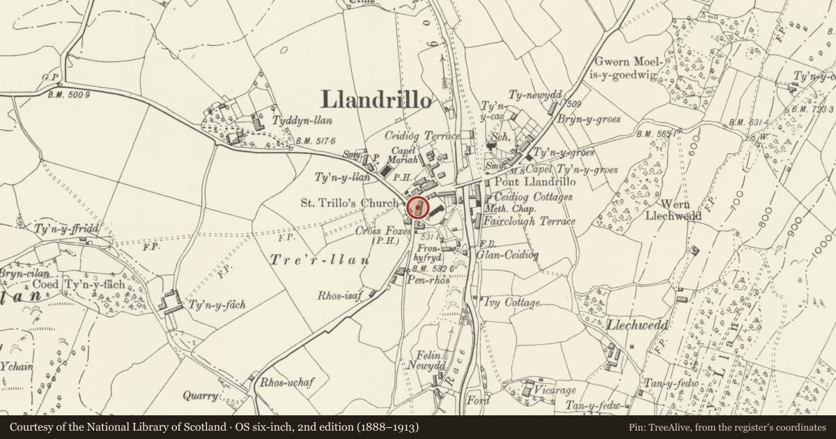 Ordnance Survey six-inch map, 2nd edition (1888–1913) covering the location of 1 Berwyn House, Llandrillo, Denbighshire, with a pin at the register's coordinates