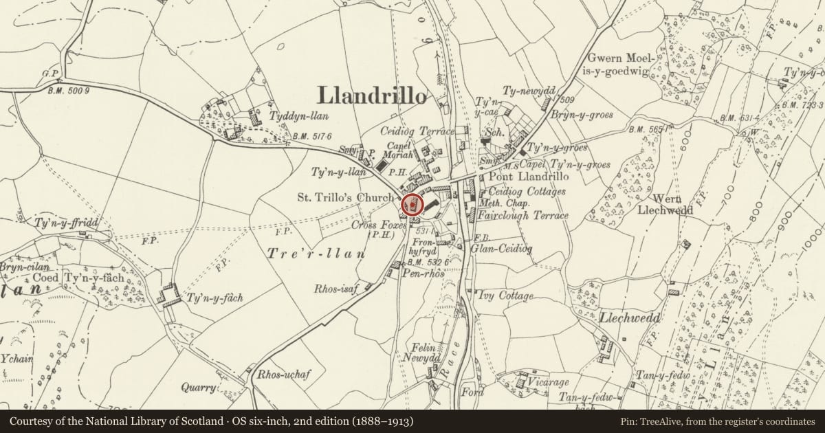 Ordnance Survey six-inch map, 2nd edition (1888–1913) covering the location of 2 Berwyn House, Llandrillo, Denbighshire, with a pin at the register's coordinates