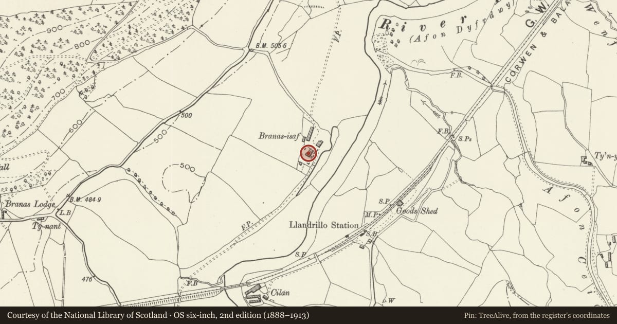 Ordnance Survey six-inch map, 2nd edition (1888–1913) covering the location of Branas Isaf Farmhouse, Llandrillo, Denbighshire, with a pin at the register's coordinates