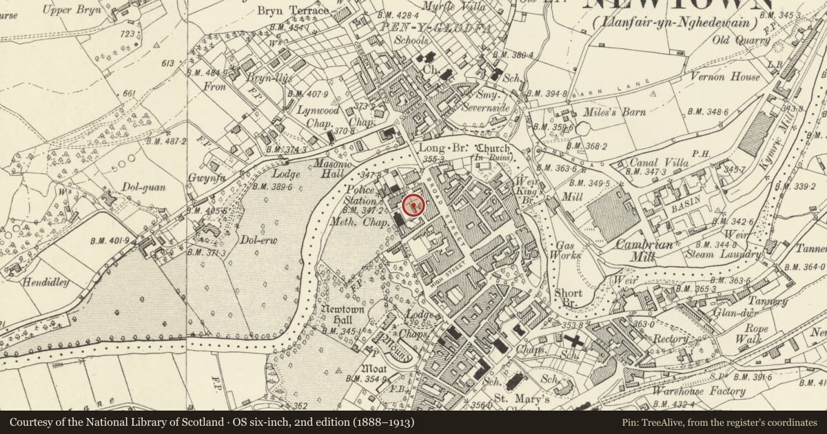 Ordnance Survey six-inch map, 2nd edition (1888–1913) covering the location of Warehouse to rear of Lloyd & Lloyd on Broad Street, Newtown and Llanllwchaiarn, Powys, with a pin at the register's coordinates