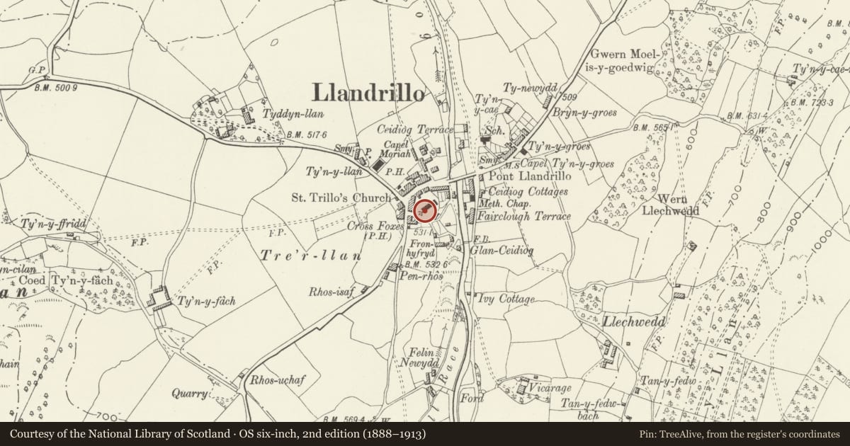 Ordnance Survey six-inch map, 2nd edition (1888–1913) covering the location of Canopied Tomb of Richard and Katherine Wynne, Llandrillo, Denbighshire, with a pin at the register's coordinates