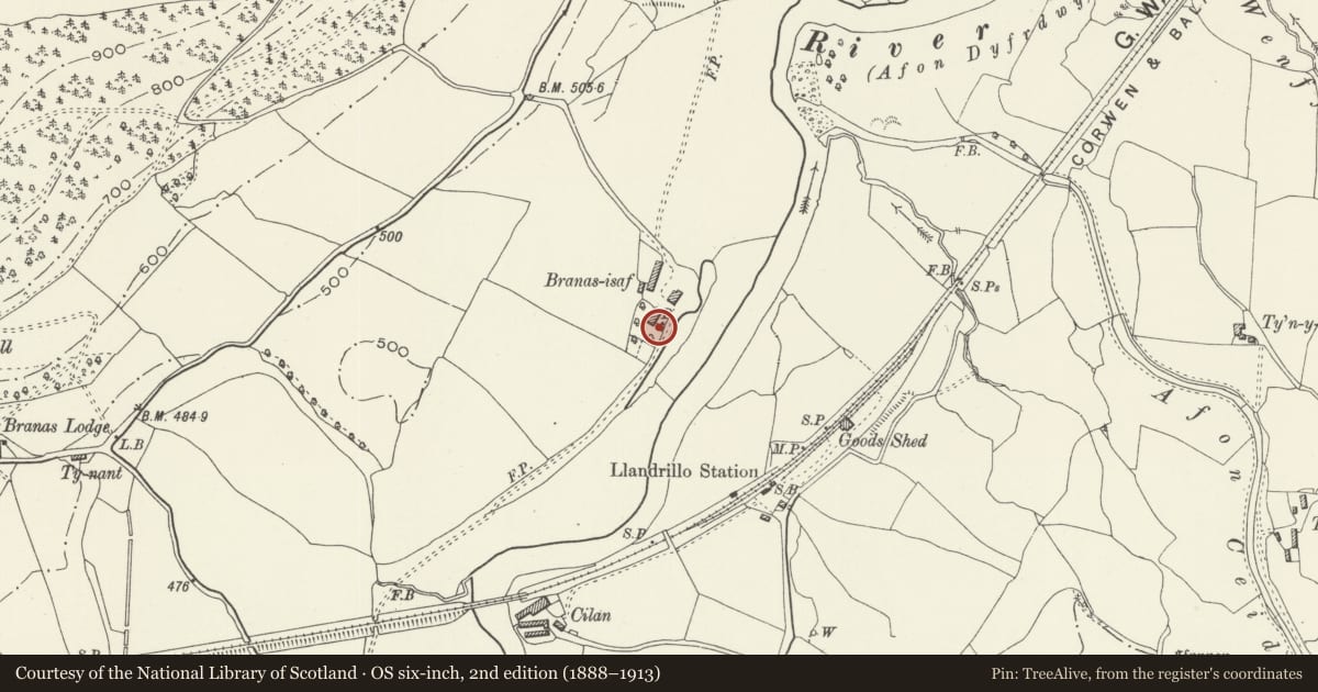 Ordnance Survey six-inch map, 2nd edition (1888–1913) covering the location of Former Bakehouse at Branas Isaf, Llandrillo, Denbighshire, with a pin at the register's coordinates