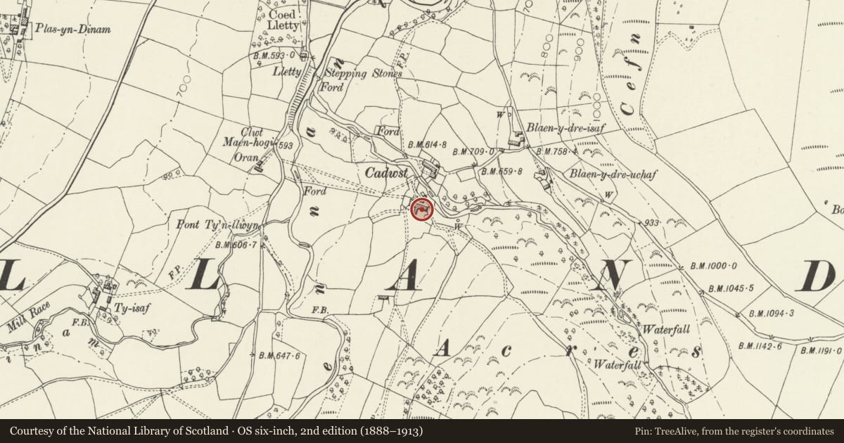 Ordnance Survey six-inch map, 2nd edition (1888–1913) covering the location of Former Farmhouse at Cadwst Mawr, Llandrillo, Denbighshire, with a pin at the register's coordinates