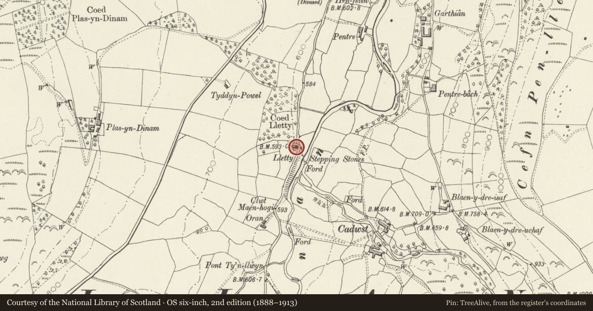 Ordnance Survey six-inch map, 2nd edition (1888–1913) covering the location of Lletty, Llandrillo, Denbighshire, with a pin at the register's coordinates