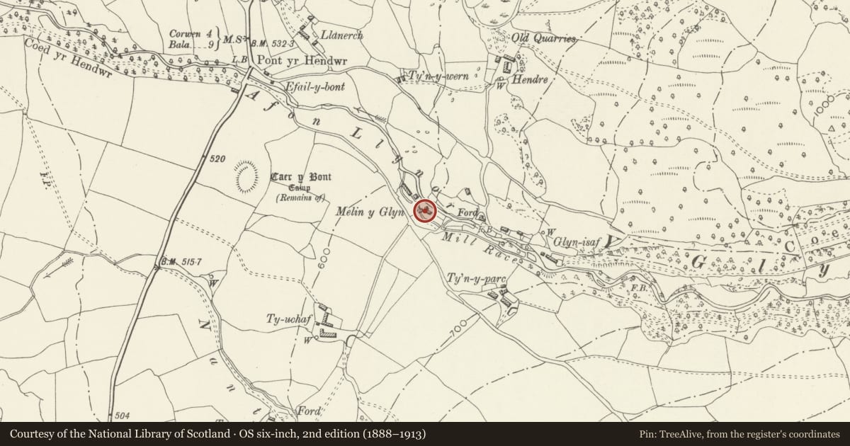 Ordnance Survey six-inch map, 2nd edition (1888–1913) covering the location of Melin y Glyn, Llandrillo, Denbighshire, with a pin at the register's coordinates