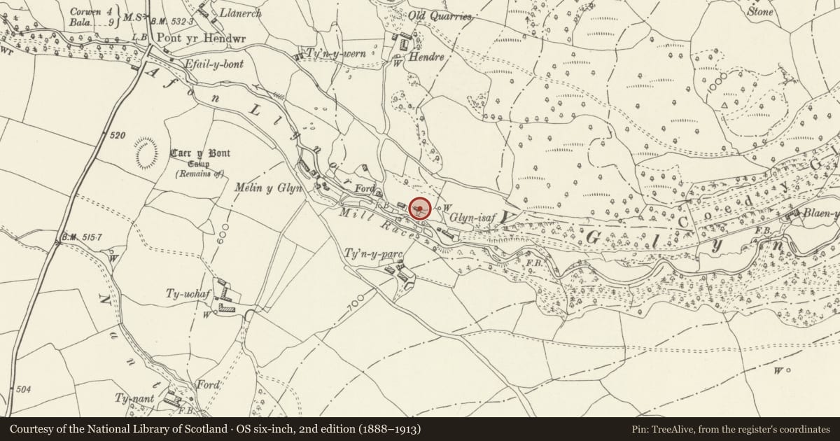 Ordnance Survey six-inch map, 2nd edition (1888–1913) covering the location of Pen y bryn, Llandrillo, Denbighshire, with a pin at the register's coordinates