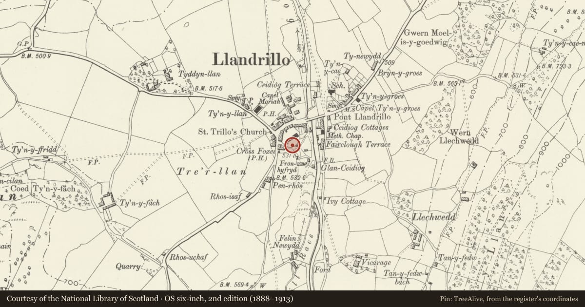 Ordnance Survey six-inch map, 2nd edition (1888–1913) covering the location of Sun-dial in Churchyard, Llandrillo, Denbighshire, with a pin at the register's coordinates