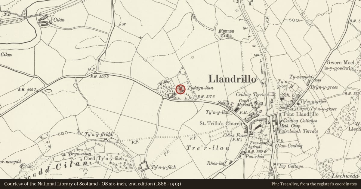 Ordnance Survey six-inch map, 2nd edition (1888–1913) covering the location of Tyddyn Llan, Llandrillo, Denbighshire, with a pin at the register's coordinates