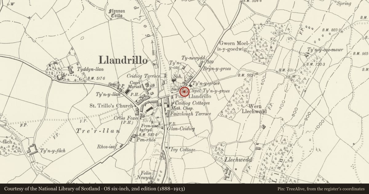 Ordnance Survey six-inch map, 2nd edition (1888–1913) covering the location of War Memorial, Llandrillo, Denbighshire, with a pin at the register's coordinates
