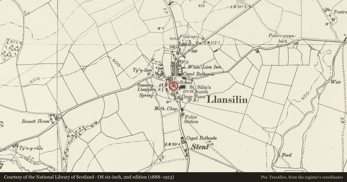 Ordnance Survey six-inch map, 2nd edition (1888–1913) covering the location of Drinking Fountain in Llansilin village, Powys, with a pin at the register's coordinates