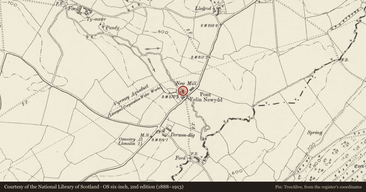 Ordnance Survey six-inch map, 2nd edition (1888–1913) covering the location of Felin Newydd with Attached Former Miller's Cottage and Shed, Llansilin, Powys, with a pin at the register's coordinates