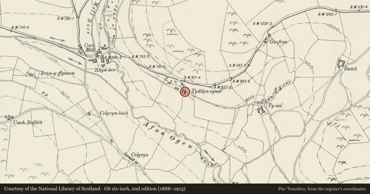 Ordnance Survey six-inch map, 2nd edition (1888–1913) covering the location of Former Separate Kitchen or Bakehouse at Tyddyn Cynar, Llansilin, Powys, with a pin at the register's coordinates