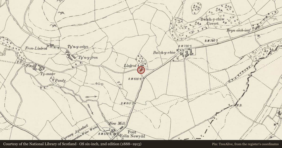 Ordnance Survey six-inch map, 2nd edition (1888–1913) covering the location of Lofted Cartshed Range at Lledrod, Llansilin, Powys, with a pin at the register's coordinates