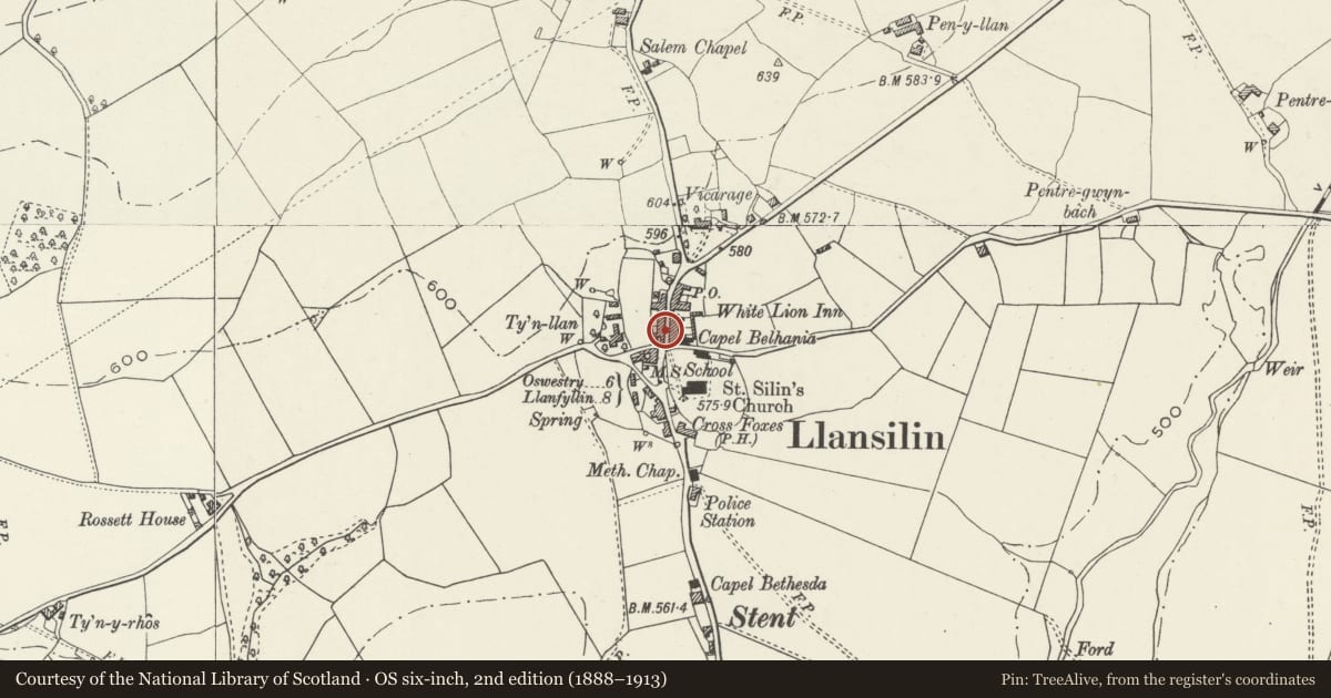 Ordnance Survey six-inch map, 2nd edition (1888–1913) covering the location of No. 1 Greenfield Terrace, Llansilin, Powys, with a pin at the register's coordinates