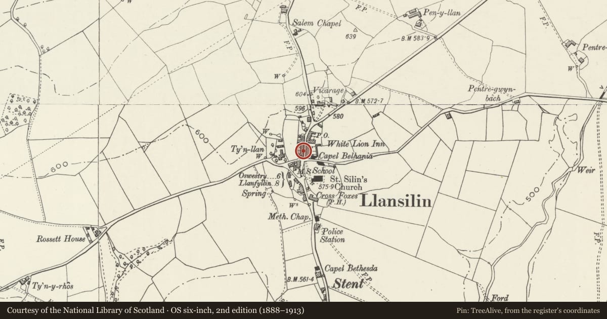 Ordnance Survey six-inch map, 2nd edition (1888–1913) covering the location of No. 2 Greenfield Terrace, Llansilin, Powys, with a pin at the register's coordinates