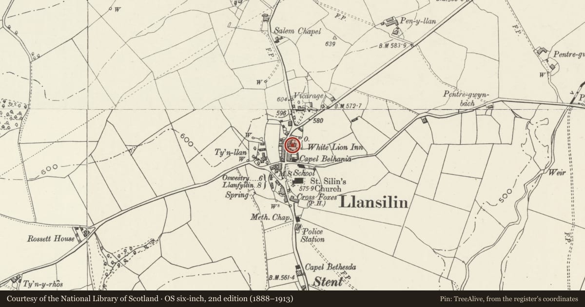 Ordnance Survey six-inch map, 2nd edition (1888–1913) covering the location of Old White Lion, Llansilin, Powys, with a pin at the register's coordinates
