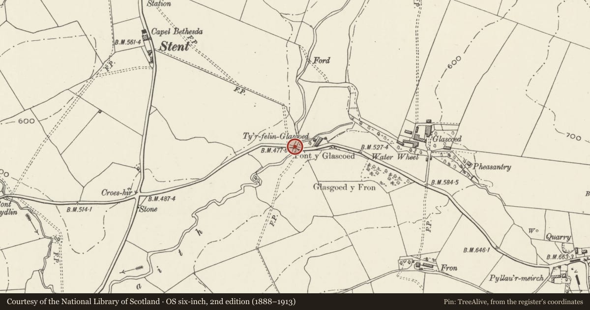 Ordnance Survey six-inch map, 2nd edition (1888–1913) covering the location of Pont y Glascoed, Llansilin, Powys, with a pin at the register's coordinates