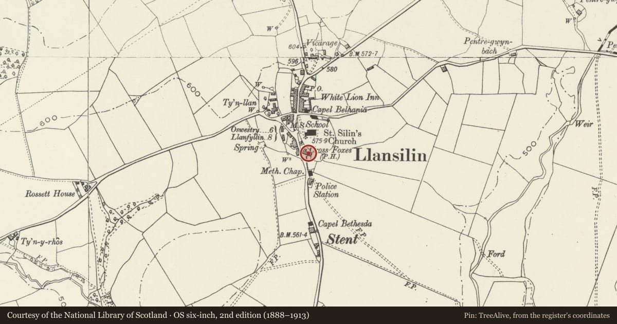 Ordnance Survey six-inch map, 2nd edition (1888–1913) covering the location of Wynnstay Inn, Llansilin, Powys, with a pin at the register's coordinates