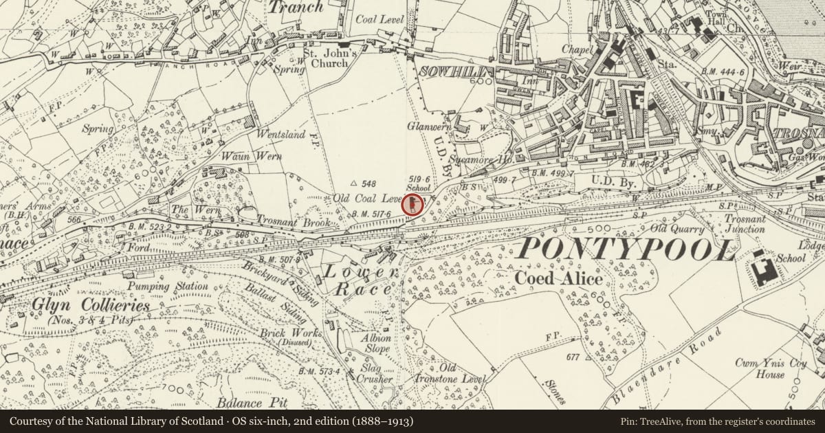 Ordnance Survey six-inch map, 2nd edition (1888–1913) covering the location of Tympath Farm, Pen Tranch, Torfaen, with a pin at the register's coordinates