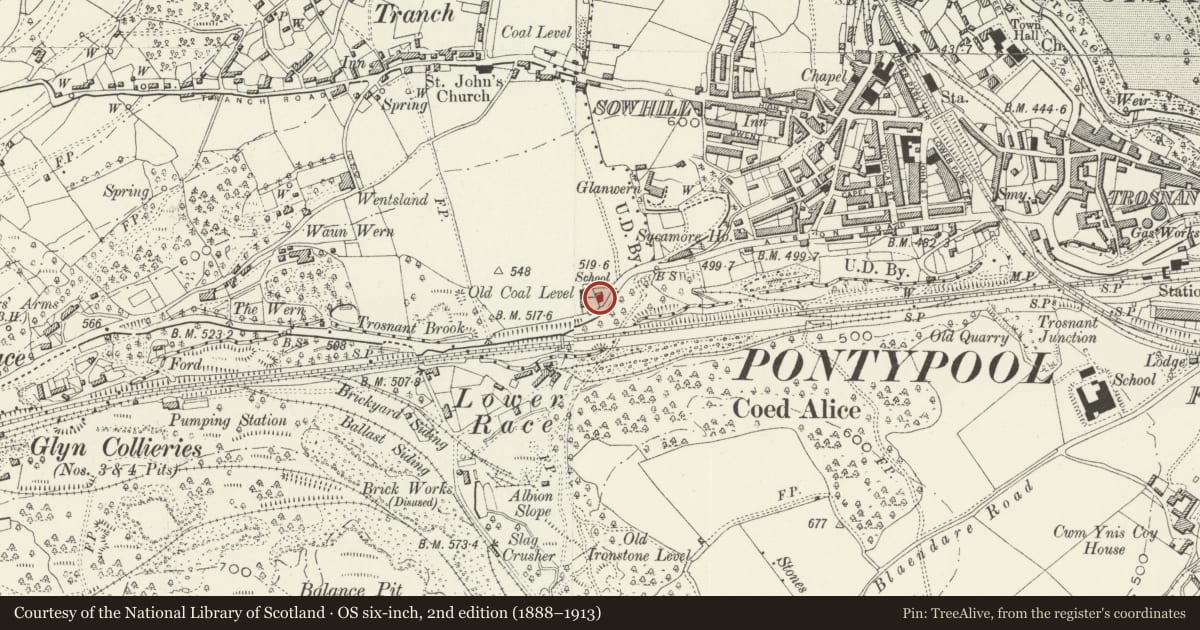 Ordnance Survey six-inch map, 2nd edition (1888–1913) covering the location of Tympath House, Pen Tranch, Torfaen, with a pin at the register's coordinates