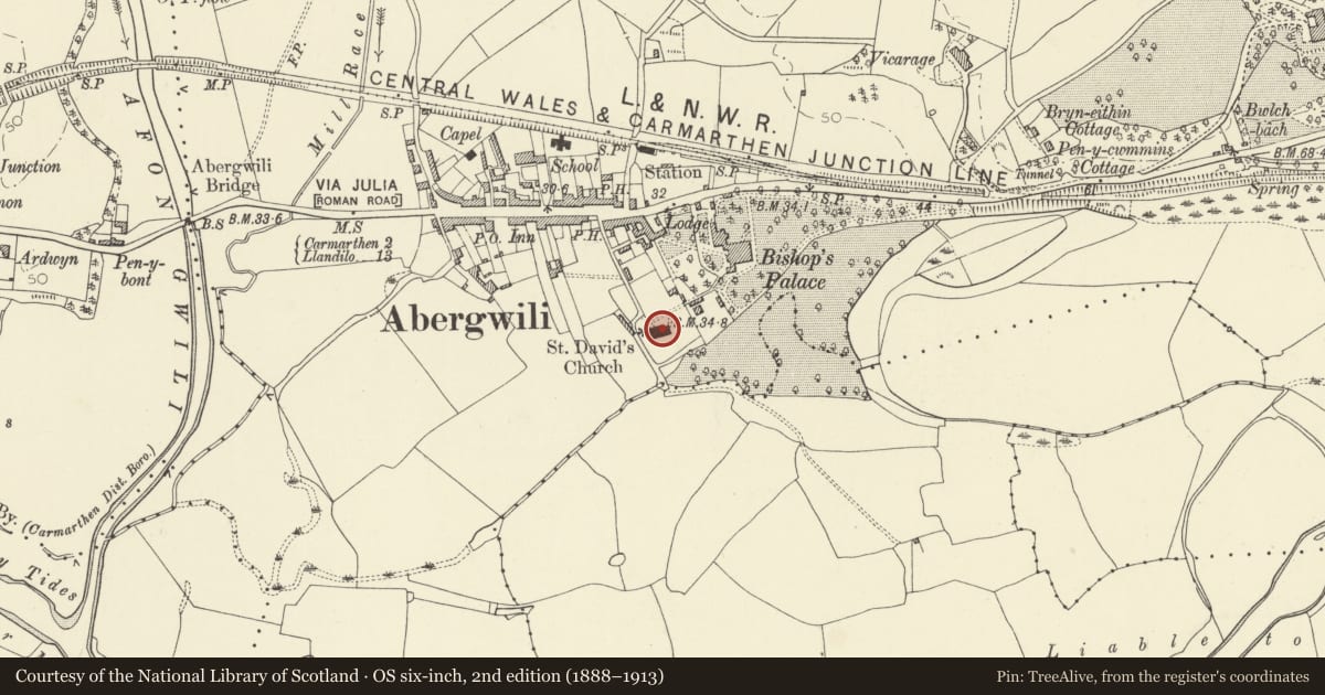 Ordnance Survey six-inch map, 2nd edition (1888–1913) covering the location of Church of St David, Abergwili, Carmarthenshire, with a pin at the register's coordinates