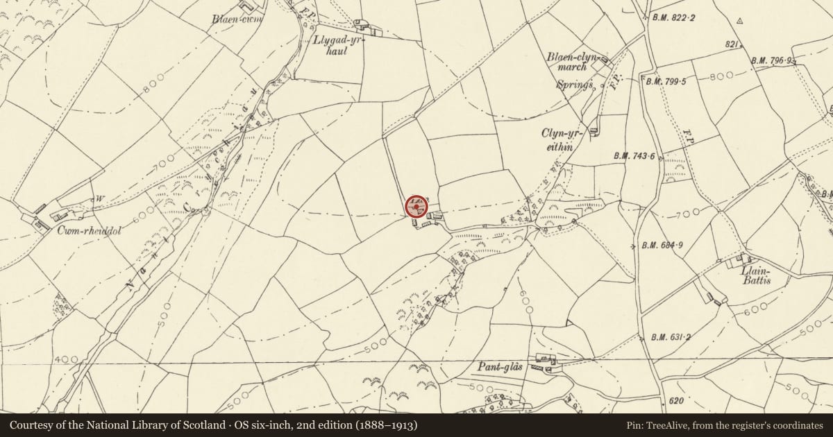Ordnance Survey six-inch map, 2nd edition (1888–1913) covering the location of Former secondary dwelling at Lan Farm, Abergwili, Carmarthenshire, with a pin at the register's coordinates