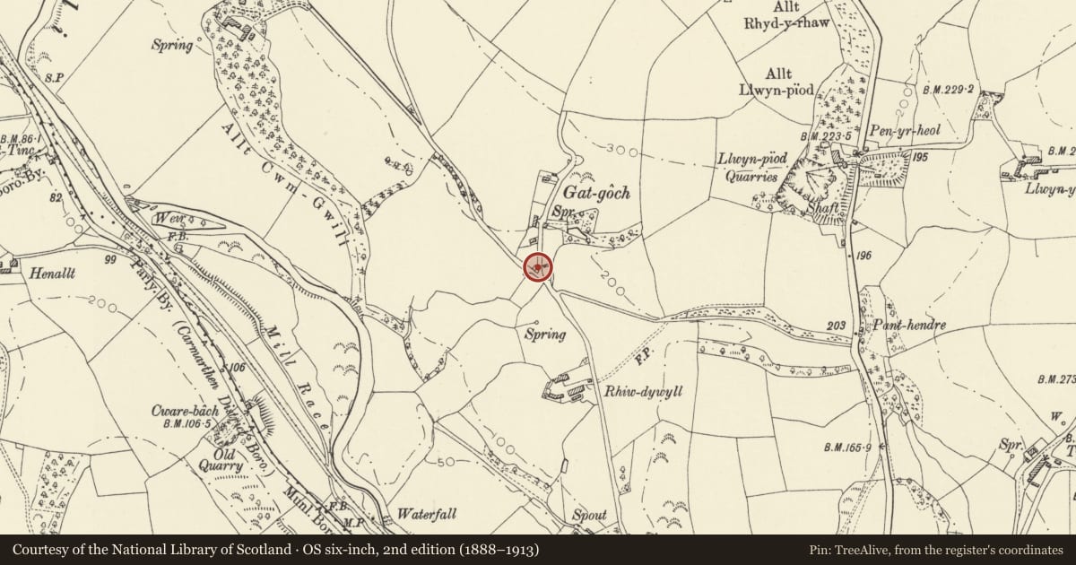 Ordnance Survey six-inch map, 2nd edition (1888–1913) covering the location of House opposite Gardener's Cottage, Abergwili, Carmarthenshire, with a pin at the register's coordinates