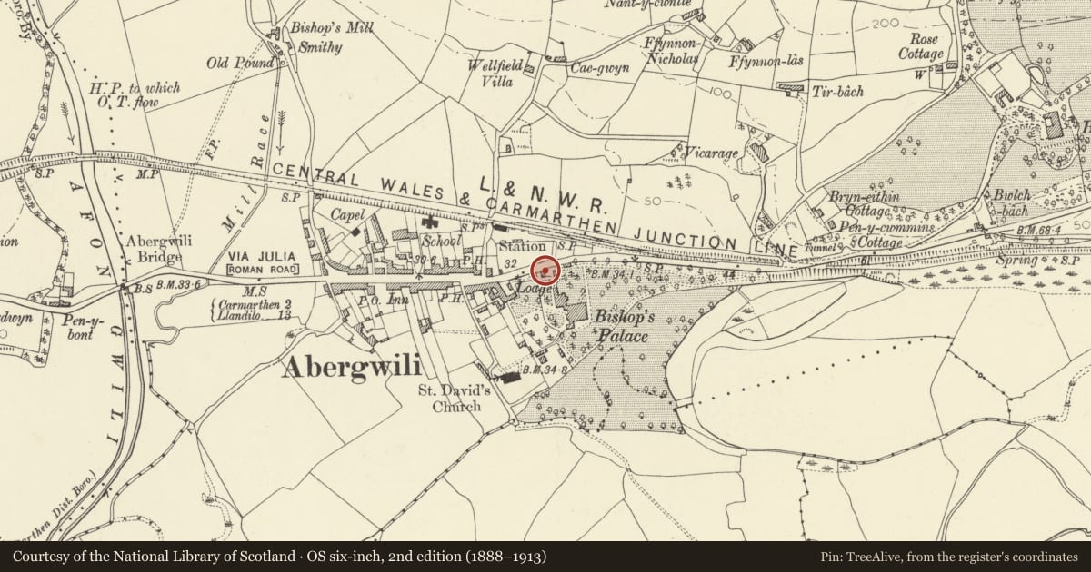 Ordnance Survey six-inch map, 2nd edition (1888–1913) covering the location of Lodge at former Bishops Palace (Carmarthenshire County Museum), Abergwili, Carmarthenshire, with a pin at the register's coordinates