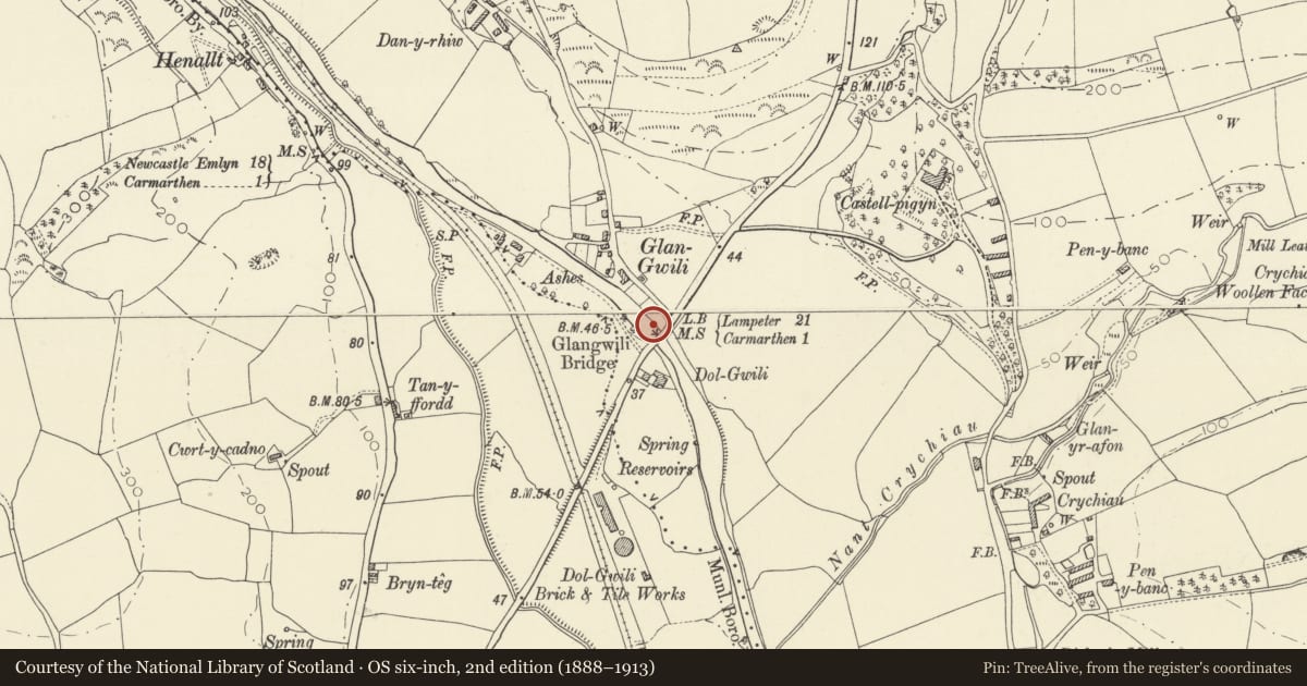 Ordnance Survey six-inch map, 2nd edition (1888–1913) covering the location of Pont Glangwili, Abergwili, Carmarthenshire, with a pin at the register's coordinates