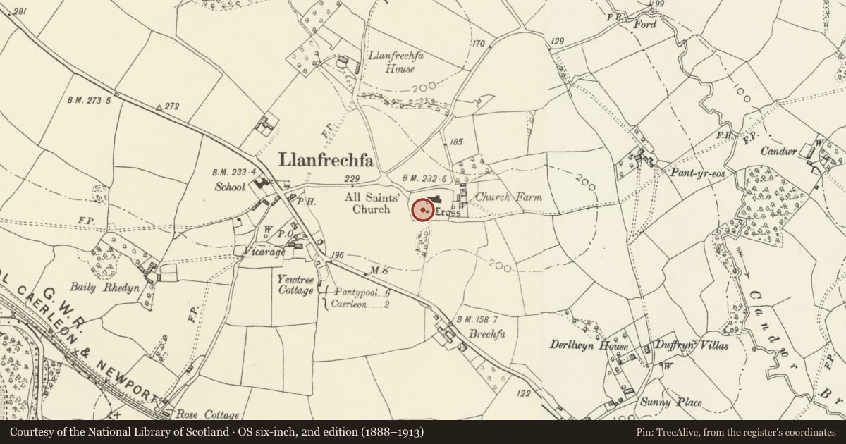 Ordnance Survey six-inch map, 2nd edition (1888–1913) covering the location of Churchyard cross at Church of All Saints, Ponthir, Torfaen, with a pin at the register's coordinates
