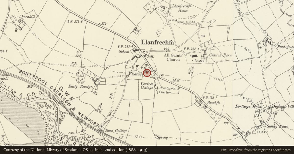 Ordnance Survey six-inch map, 2nd edition (1888–1913) covering the location of The Vicarage, Ponthir, Torfaen, with a pin at the register's coordinates