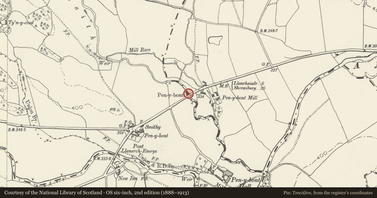 Ordnance Survey six-inch map, 2nd edition (1888–1913) covering the location of Bridge over Cynllaith at Pen-y-bont (Partly in the Civil Parish of Llanyblodwell, England), Llangedwyn, Powys, with a pin at the register's coordinates
